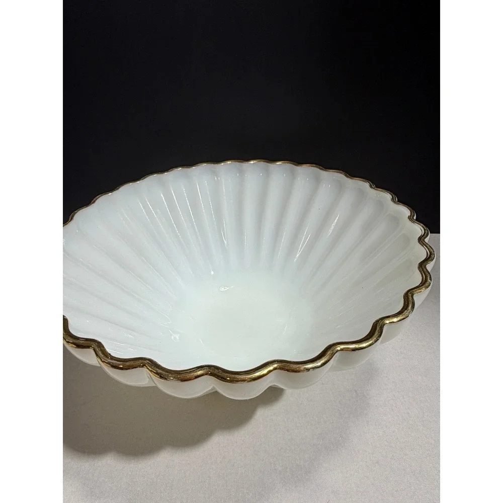 Vintage Fire-King Milk Glass Ribbed Bowl Scalloped Gold Trim Mid-Century Modern